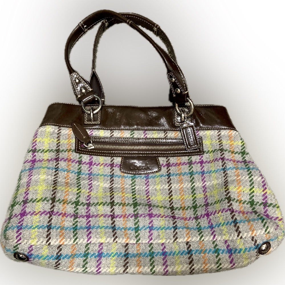 Coach Penelope Tattersall Colorful Plaid Wool Shoulder Bag Purse